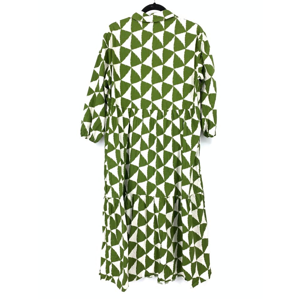 Maeve Anthropologie Bettina Green White Triangle Tiered Midi Shirt Dress Sz L - Picture 2 of 6